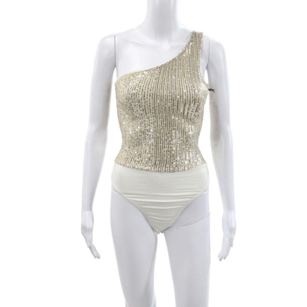 Superdown Women One Shoulder Houndstooth Bodysuit Beige Size 2XS